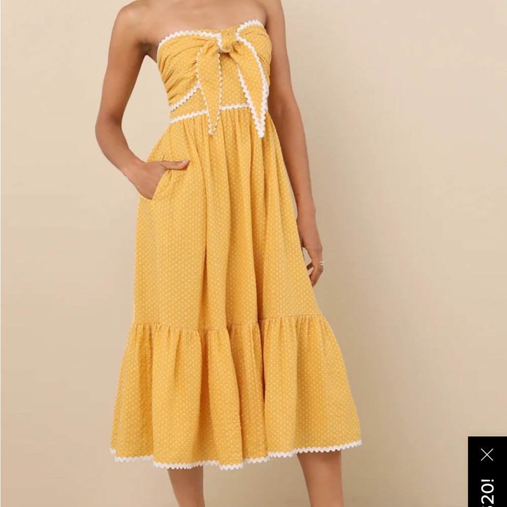 Lulu's Delightful Design Yellow Polka Dot Midi Dress With Pockets